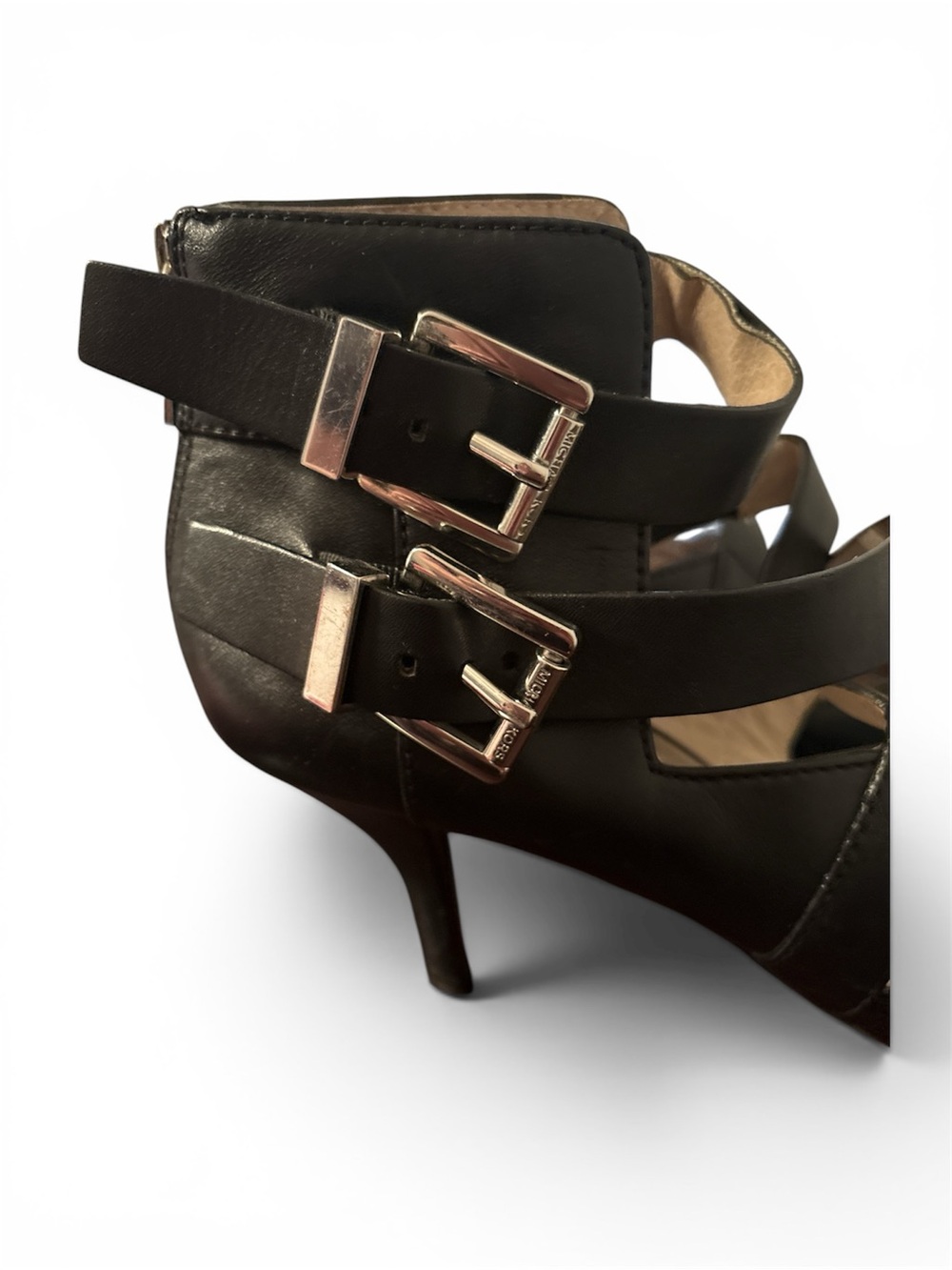 MICHAEL Michael Kors Black Pointed-Toe Strappy Heels with Double Buckle & Zipper - Picture 2 of 8